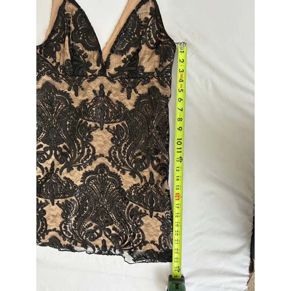 Free People Night Shimmers Sequin Mini Dress - Black Lace & Nude Slip Size 8